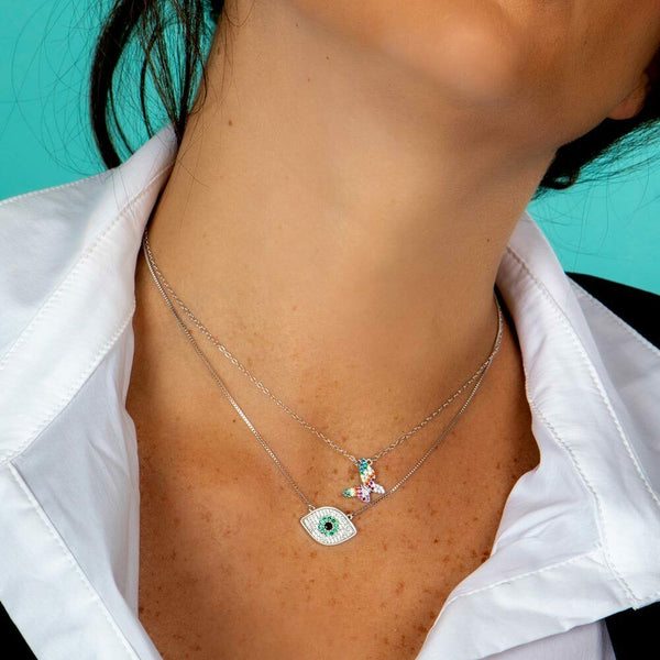 Sterling Silver 925  Clear and Green CZ Evil Eye Pendant Necklace