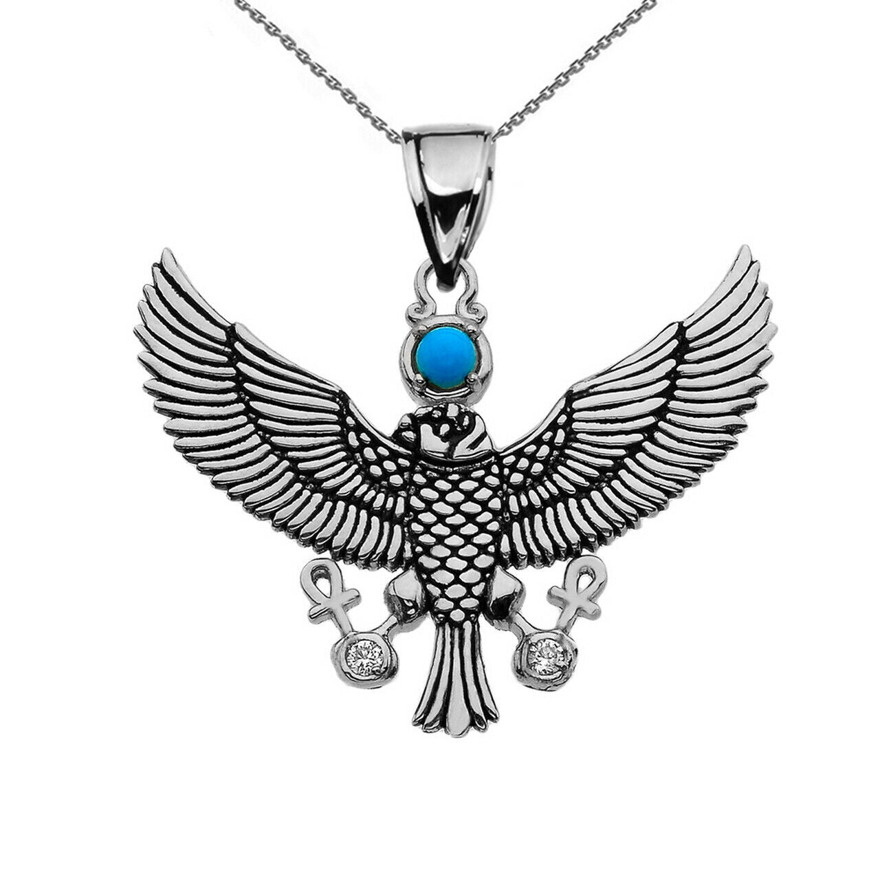 925 Sterling Silver Falcon of Tutankhamun with Ankh Cross Pendant Necklace