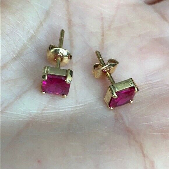 14K Solid Gold Square Shape Red CZ Stud Earrings - Minimalist