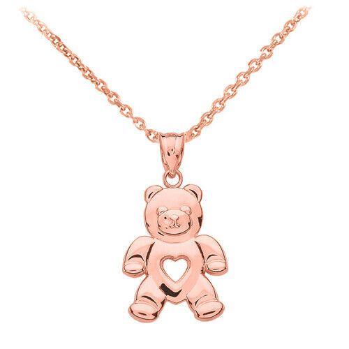 10K Solid Gold Open Heart Love Bear Pendant Necklace - Yellow, Rose, or White