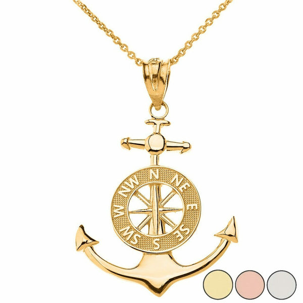 10K Solid Yellow Gold Mariner's Anchor Compass Pendant Necklace