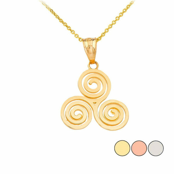 10k or 14k Solid Gold Swirl Celtic Knot Triskele Triskelion Pendant Necklace
