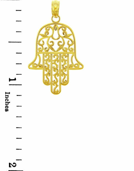 14k Yellow Gold Jewish Hamesh Hand Filigree Charm Hamsa Pendant Necklace