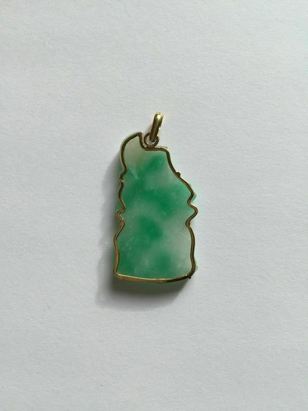 14k Solid Yellow Gold Longevity God Green Jade Pendant