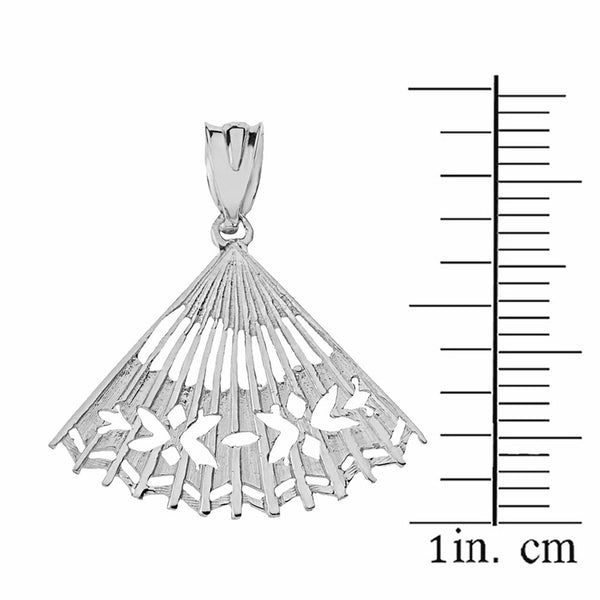 925 Sterling Silver Cut Out Japanese Handheld Folding Hand Fan Pendant Necklace