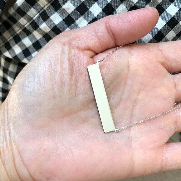 14K Solid White Gold Geometric Bar Name Plate Engravable Adjustable Necklace