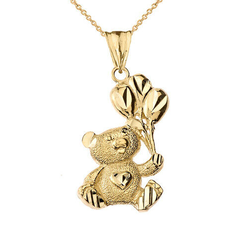 10K Solid Gold Teddy Bear with Balloon Pendant Necklace -Yellow, Rose, or White