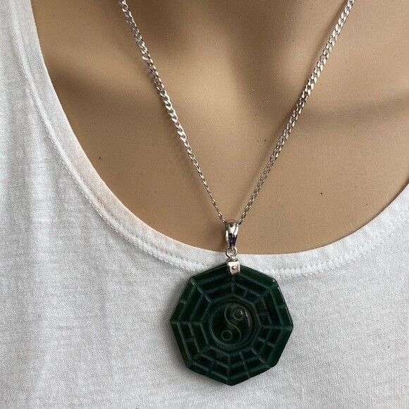 925 Sterling Silver Carving Agate Yin Yang Pendant Necklace