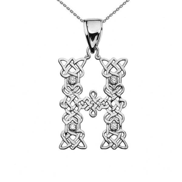 Sterling Silver CZ Celtic Knot Pattern Initial Letter H Pendant Charm Necklace