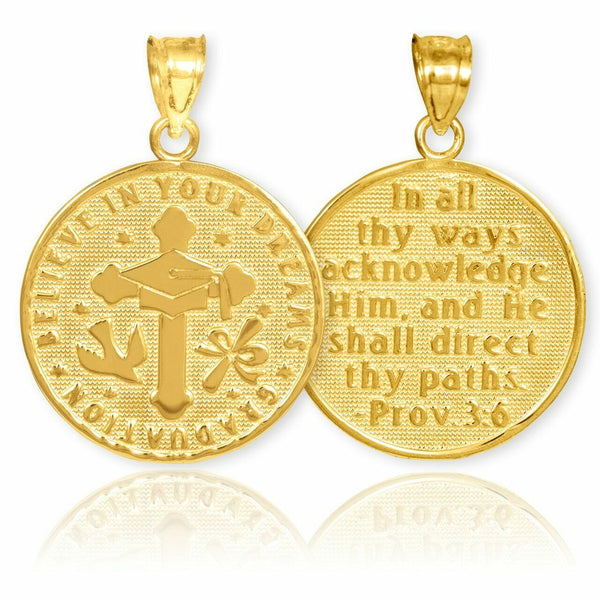 10K Solid Gold Reversible Christian/Catholic Graduation Medallion Pendant
