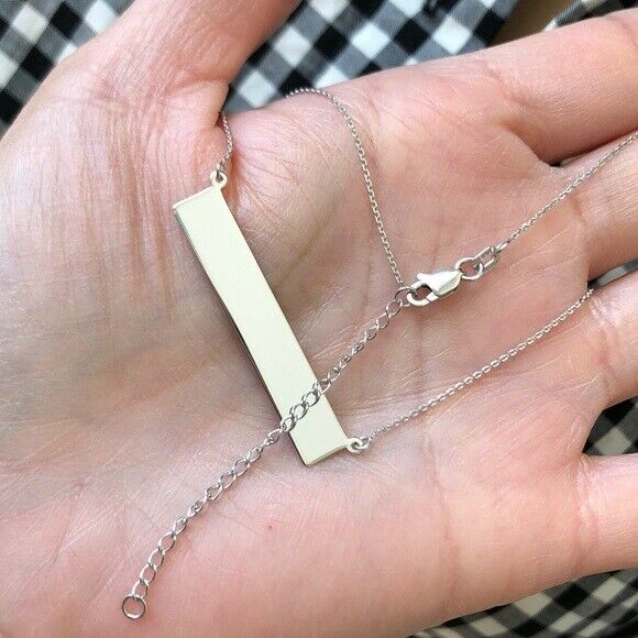 14K Solid White Gold Geometric Bar Name Plate Engravable Adjustable Necklace