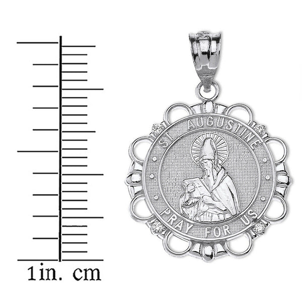 .925 Sterling Silver St CZ Saint Augustine Pray For Us Circle Pendant Necklace