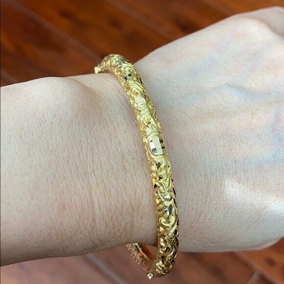 18K Real Fine Yellow Gold Engraved Dragon Phoenix Round Bangle Bracelet 58 mm