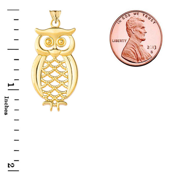 10K Solid Gold Owl Horseshoe Pendant Necklace - Yellow, Rose, or White Gold
