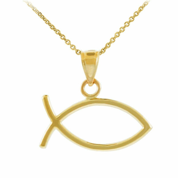 14k Solid Real Yellow Gold Ichthus Fish Horizontal Pendant Necklace
