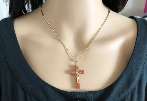 14K Yellow Gold Jesus Crucifix Red Cross Religious Pendant - PP2