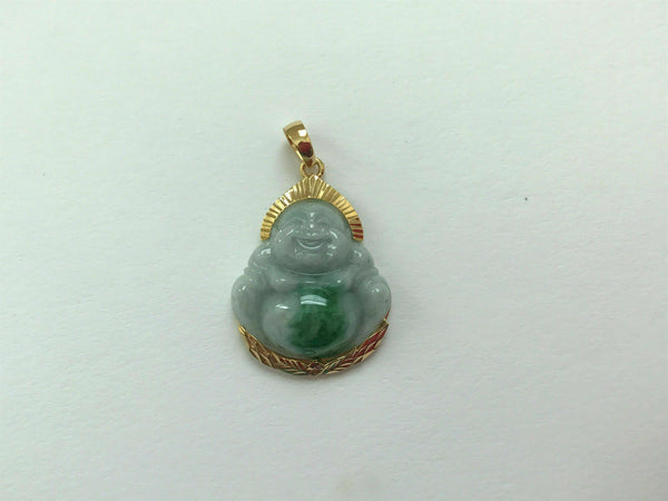 14K Solid Gold Happy Laughing Buddha Natural Green Jade Religious Pendant -P482