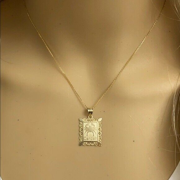 14k Solid Gold Cancer Zodiac Sign Filigree Rectangular Pendant Necklace