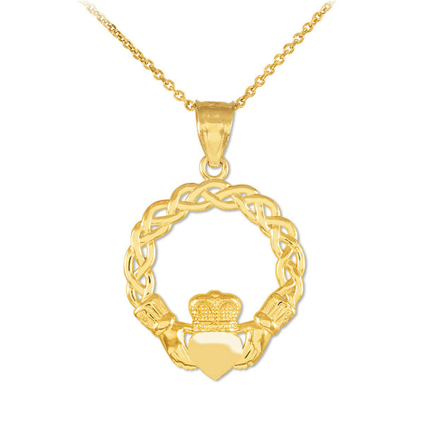 10K Solid Gold Classic Braided Claddagh Pendant Necklace