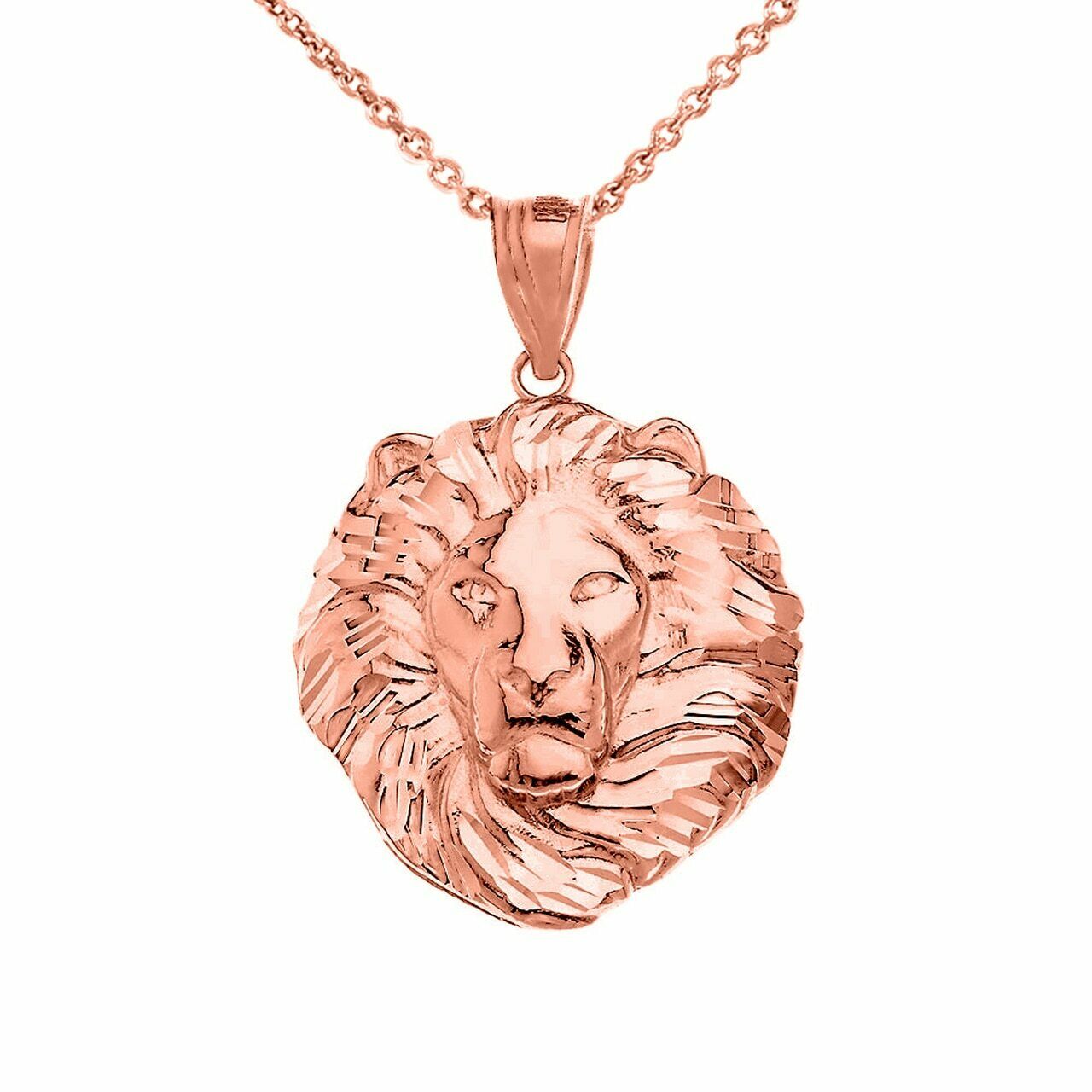 10K Solid Rose Fine Gold Men's Textured Lion Head Small Pendant Necklace