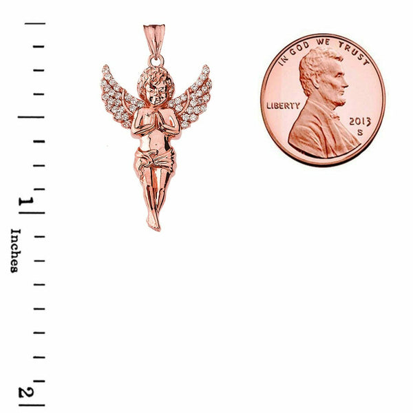 14k Solid Rose Gold Angel CZ Religious Pendant Necklace