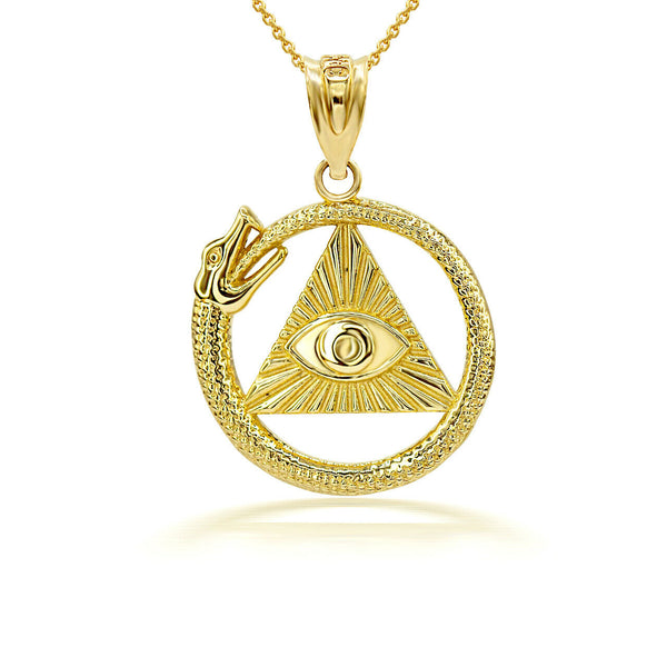 10K Solid Yellow Gold 3D Pyramid Eye of Horus Ouroboros Pendant Necklace