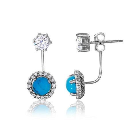 Sterling Silver 925 Rhodium Plated Round CZ with Hanging Round Turquoise Earring