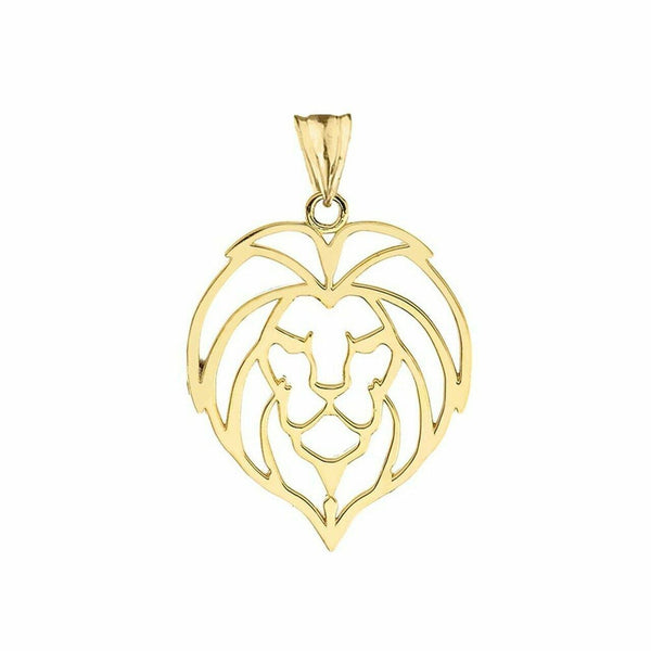 14K Solid Fine Yellow Gold Lion Head Cut Out Pendant Necklace
