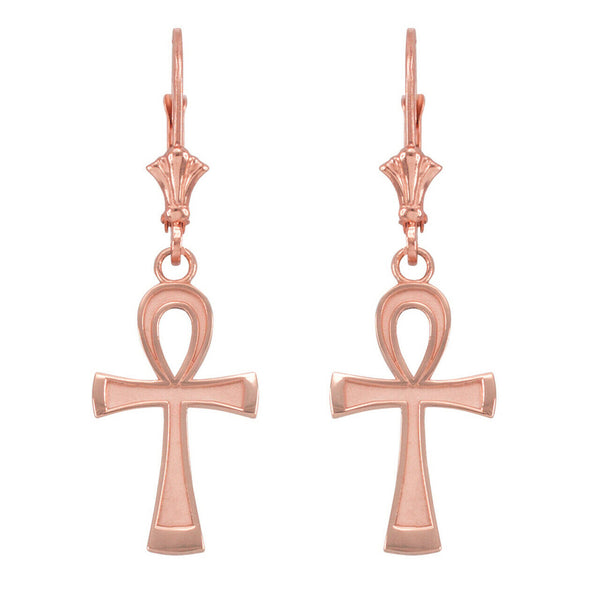 10k Rose Gold Ancient Egyptian Ankh Cross Drop / Dangle Leverback Earrings