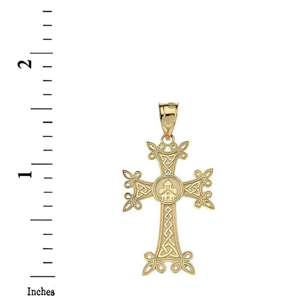 Solid 10k Yellow Gold Armenian Apostolic Trinity Knot Cross Pendant Necklace
