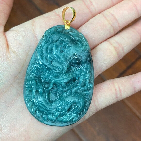 14K Solid Real Gold Carved Dragon Natural Jade Pendant Oval Large Men
