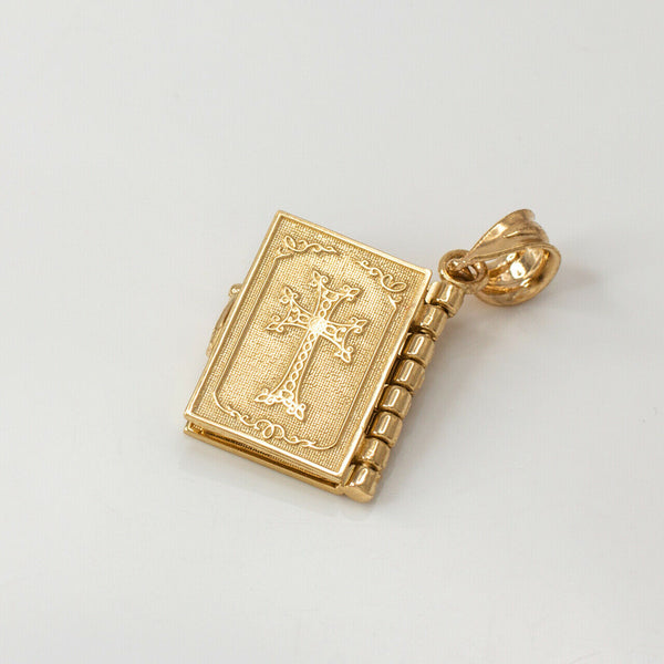 10k Solid Yellow Gold 3D Armenian Holy Bible Book Lords Prayer Pendant Necklace