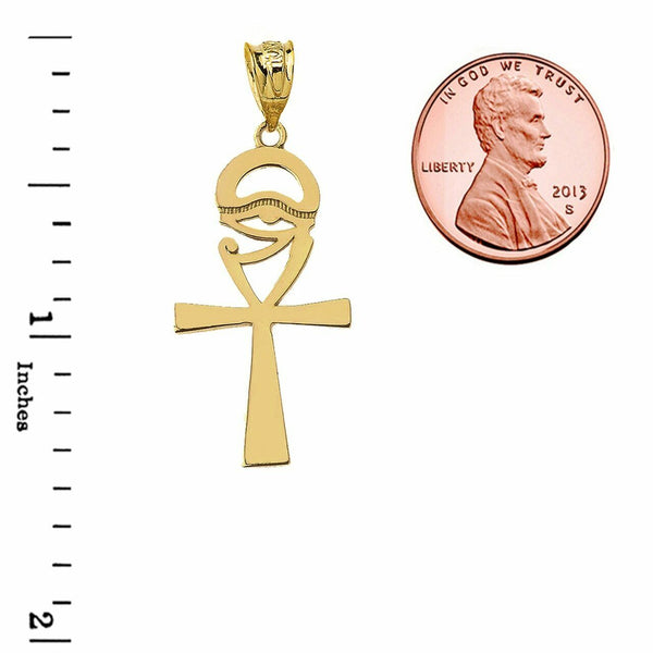 14k Solid Yellow Gold Ankh Cross Eye Of Horus Pendant Necklace