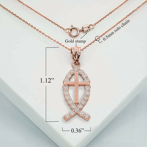 10K Solid Gold Christian Cross Jesus Christ Ichthus Fish Pendant Necklace
