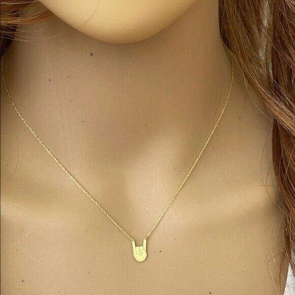 14K Solid Yellow Gold Mini Small Rock on Hand Gesture Necklace - Adjust 16"-18"