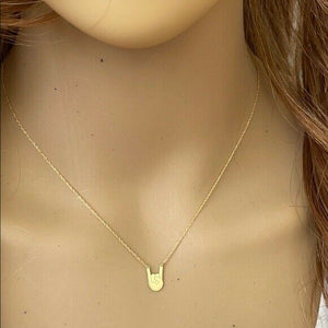 14K Solid Yellow Gold Mini Small Rock on Hand Gesture Necklace - Adjust 16"-18"