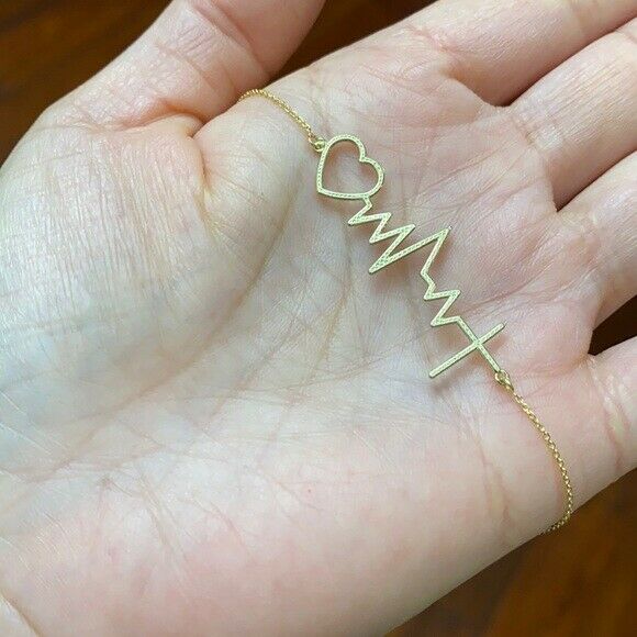 14k Solid Yellow Gold Heart Beat Heartbeat with Cross Pendant Necklace