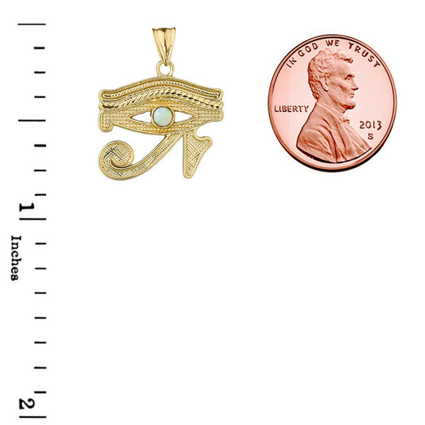 Solid Yellow Gold 14K Eye Of Horus (Ra) With Opal Center Stone Pendant Necklace