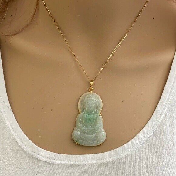 14K Solid Gold Natural Jadeite Jade Kwan Yin Lady Buddha Pendant Transparent