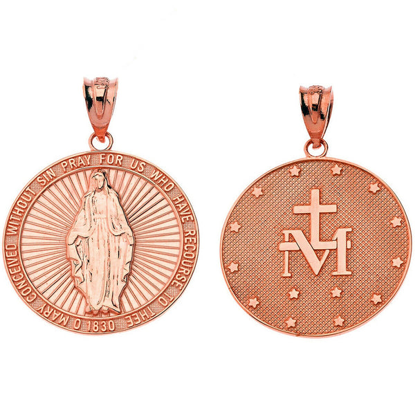 10K Solid Gold Our Lady of Graces Miraculous Medal Pendant Necklace