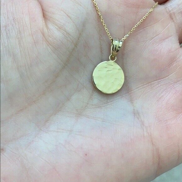 Solid 14k Yellow Gold Mini Hammered Round Small Disk Disc Pendant Necklace