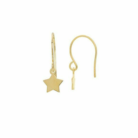 14K Solid Yellow Gold Dangle Mini Star Euro Hook Earrings