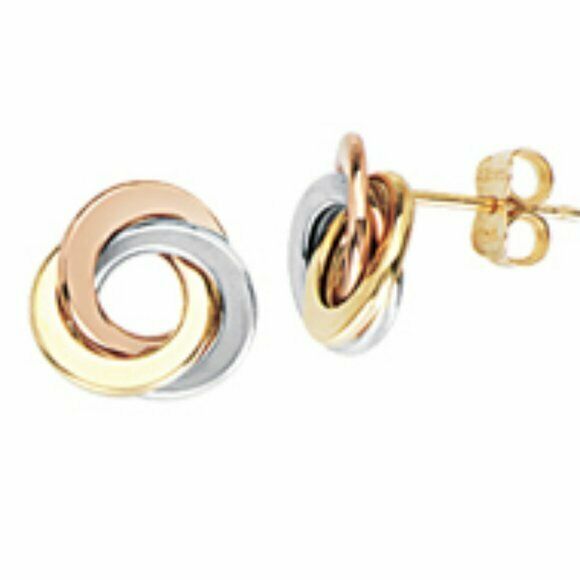 Small 14k Solid Gold Flat Tube Loveknot Love-Knot Stud Earrings - Tri-color 11mm