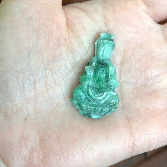 Lady Kwan Yin Buddha Natural Real Green Religious Jade (Pendant)