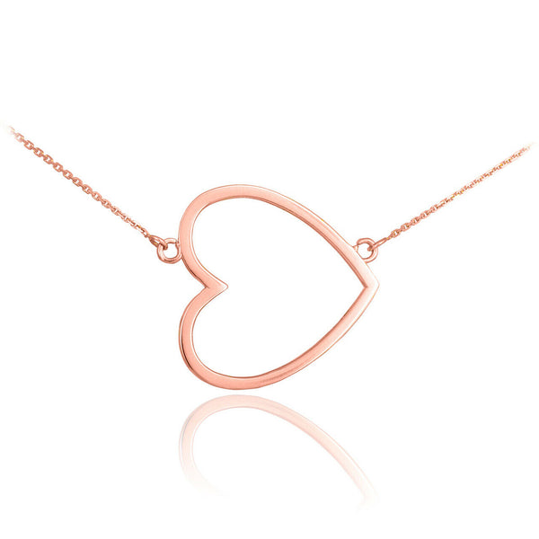 14K Solid Rose Gold Dainty Sideways Open Heart Necklace Valentine's Day Love