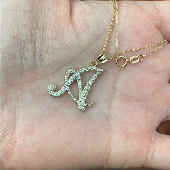 14k Solid Real Yellow Gold Diamonds Initial Script Letter R Pendant Necklace
