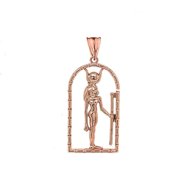 14K Solid Gold Hathor Egyptian God Pendant Necklace - Yellow, Rose, or White