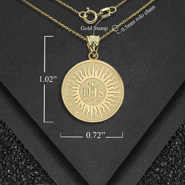 10K Solid Gold Holy Name of Jesus Pendant Necklace - Yellow, Rose, or White