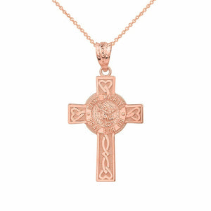 14k Rose Gold St. Saint Michael Pray For Us Celtic Heart Cross Pendant Necklace