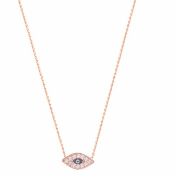 925 Sterling Silver Rose Gold Plated Evil Eye CZ Necklace - Adjustable 16"-18"